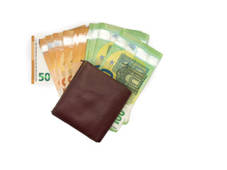 Open brown leather wallet with EURO bills isolated on white background, wealth concept, money, wallet, cash, finance, purse, payment. High quality photo