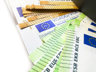 Visa stamp in passport closeup, European visitor visa at border control. Macro view of Schengen...