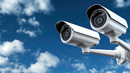 Two security cameras observing a vibrant sky, enhancing safety in urban environments during bright daylight hours