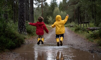 two kids from behind jumping in a puddle on a rainy day in the woods