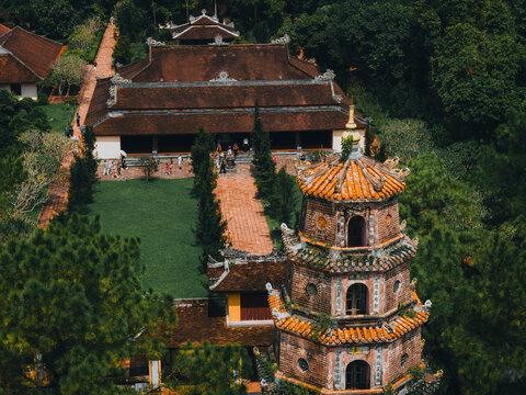 Aerial view of Thien Mu pagoda in Hue, Vietnam, one of the ancient pagoda in Hue city.