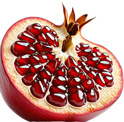 Close-up of a halved pomegranate, revealing red seeds