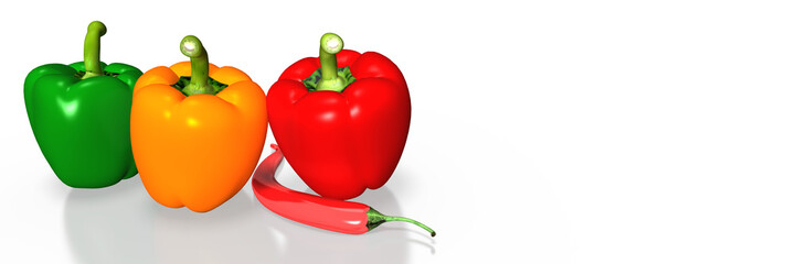 3d Banner mit grüner, gelber und roter Paprikaschoten und einer roten Chillischode freigestellt auf transparenten Hintergrund