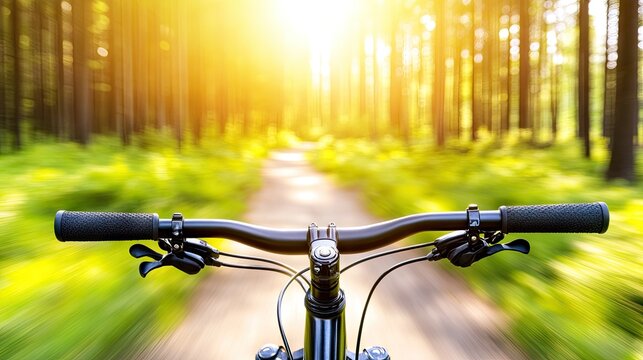 Experiencing the thrill of mountain biking on a sunlit forest trail with vibrant greens and a dynamic, blurred background