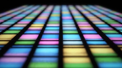 Vibrant illuminated squares form colorful abstract pattern, showcasing blend of blue, green, yellow, and pink hues, creating modern design that evokes energy and creativity through technology - Powered by Adobe