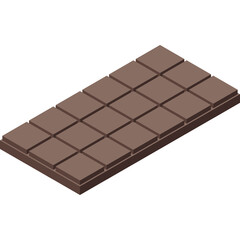 Isometric chocolate bar with brown color and grid pattern featuring multiple squares on a white background in a realistic style