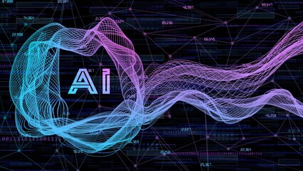 AI (Artificial Intelligence) wavy neural network with AI font - abstract representation - 3D Illustration