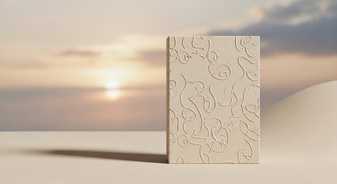 Textured notebook on desert landscape with sunset background - Powered by Adobe