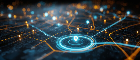 Digital geospatial logistics interface showcasing dynamic mapping and location tracking features in urban environment