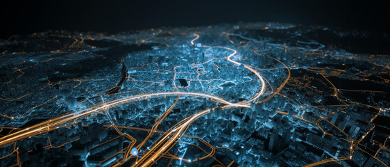 Visual representation of digital geospatial logistics technology over a cityscape at night