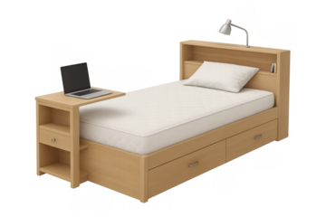 Modern compact bedroom furniture unit featuring a bed, pull-out desk, built-in storage, and reading lamp, optimizing small spaces