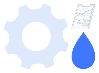 Gear, water droplet, and clipboard with analytics represent efficiency, sustainability, and resource management. Ideal for environment, technology, strategy, analytics industry process