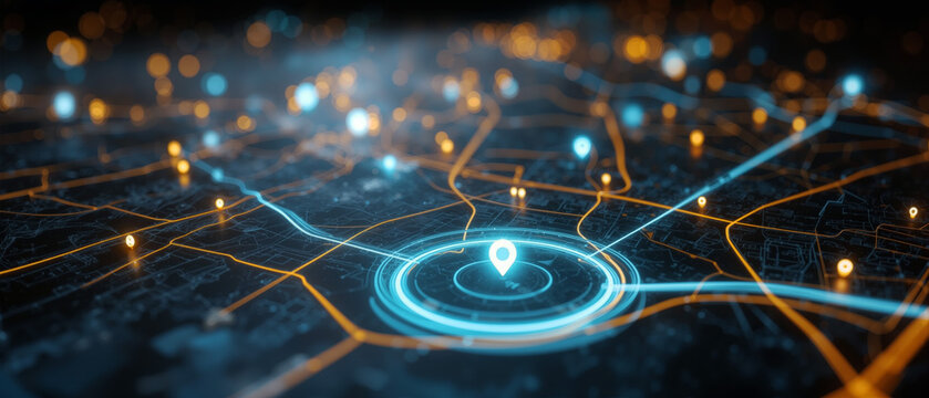 Digital geospatial logistics interface showcasing dynamic mapping and location tracking features in urban environment