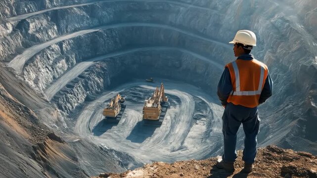 A worker stands at the edge of a massive mine, watching large excavators digging deep into the earth. The sun casts shadows over the steep walls of the quarry in the background.