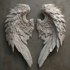 Intricate angel wings sculpture displayed on a textured wall in a softly lit room