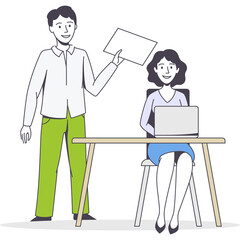 Business Meeting Collaboration Two Professionals Discussing Documents at a Desk with Laptop Illustration White Background