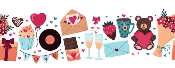 Seamless border with Valentine's Day elements isolated on white. Horizontal pattern with balloons, sweets, flowers, sparkling wine, gifts 