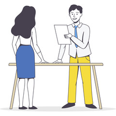 Business Meeting Illustration of a Man and Woman Discussing Documents at a Table with a Transparent Background