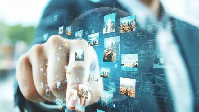 A person engages with virtual images of cityscapes while exploring new digital storytelling methods. This activity merges technology and creativity to visualize urban experiences. - Powered by Adobe