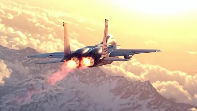 A fighter jet soars through the sky, executing sharp turns and powerful climbs over stunning mountain ranges during sunset. The scene showcases the jet's speed and agility.