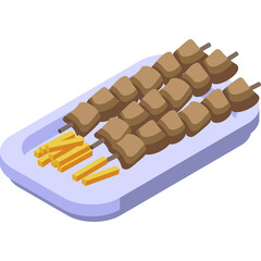 Bulgarian Food Icons Set Isometric Vector Illustration of Meat Skewers and French Fries on a Light Blue Tray with Transparent Background