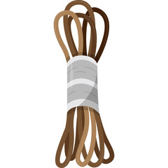 Bundle of brown and tan ropes secured with a gray and white band set against a transparent background representing emergency survival kit supplies