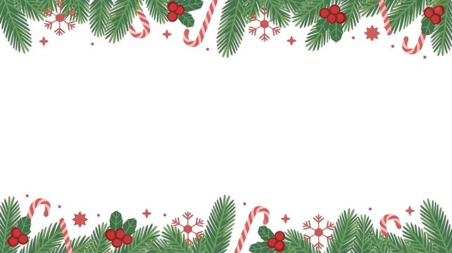 Christmas frame with fir branches, candy canes, holly berries isolated on white background - Powered by Adobe