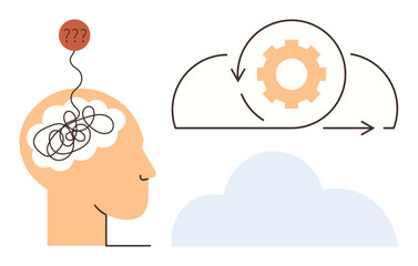 Tangled thoughts in human brain transitioning to organized cloud computing gear. Ideal for idea generation, mental health, innovation, problem-solving, brainstorming, data processing, creativity © robu_s