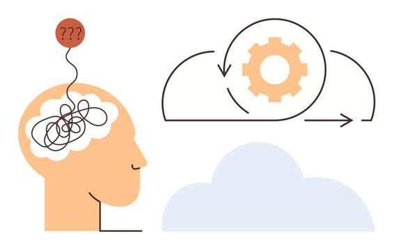 Tangled thoughts in human brain transitioning to organized cloud computing gear. Ideal for idea generation, mental health, innovation, problem-solving, brainstorming, data processing, creativity