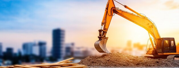 Freshly stacked pine wood planks at a bustling construction site under a vibrant sunset sky, showcasing the beauty of building materials