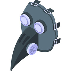 Isometric Dark Gray Plague Doctor Mask With Straps And Purple Lenses Featuring A Long Beaked Design Against A Transparent Background