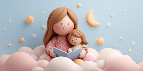 Adorable mother and daughter dolls reading a book together on fluffy clouds under a starry sky and crescent moon Concept of bedtime stories, childhood, and imagination