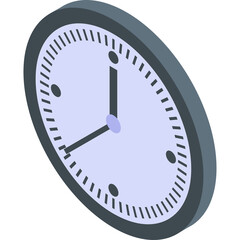 Isometric clock with light purple face gray frame showing 4 oclock with black hour and minute hands on transparent background