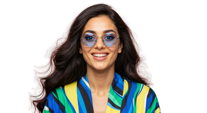 Young woman smiling while wearing sunglasses in colorful outfit  