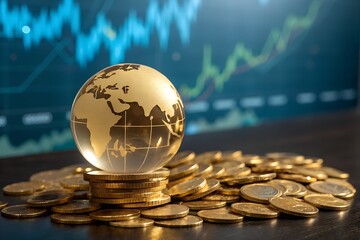 Golden globe on a stack of coins with a blurred stock market graph in the background symbolizing global finance investment and economic growth