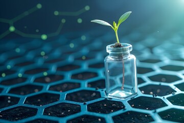 Tiny green seedling growing in a clear glass vial on a futuristic hexagonal grid with glowing blue connections representing technology and innovation in biotechnology and environmental science