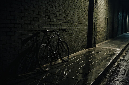 Bicicleta apoyada en una pared de ladrillo en calle solitaria de noche