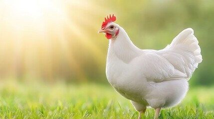 Fototapeta premium White turkeys roam freely on a sunny day at the farm amidst the vibrant greenery and warm sunlight