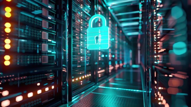 Server with Padlock Hologram &ndash; Cybersecurity and Data Protection in Cloud Computing