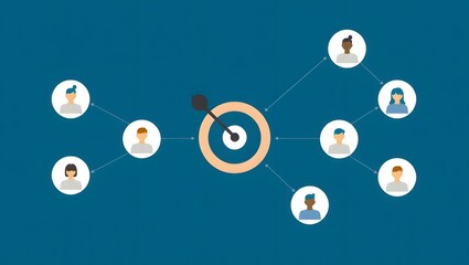 Minimal vector design with user profile icons around a target symbol, sales and audience growth concept.