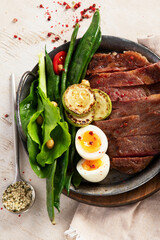 Sliced beef grill steak. Healthy dinner or lunch.