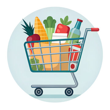 Shopping cart filled with groceries and a bottle of beverage