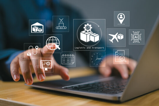 Logistic and transport concept, Businessperson using laptop with supply chain technology for logistic management, organizing and controlling resources to meet the needs of customers.