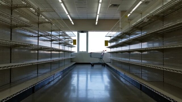 Deserted retail store aisle with empty shelves and a single cart