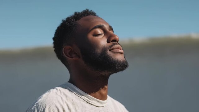 Portrait of a serene young man standing outside, basking in sunlight with a gentle smile and closed eyes. The tranquil atmosphere highlights themes of mindfulness, wellness, and self care