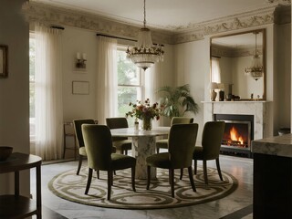 Fototapeta premium Elegant dining room with marble table, green upholstered chairs, fireplace, and chandelier