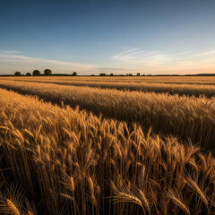 Expansive Golden Wheat Field Under Clear Blue Sky at Sunset Rich Agricultural Landscape with Harvest Ready Crops