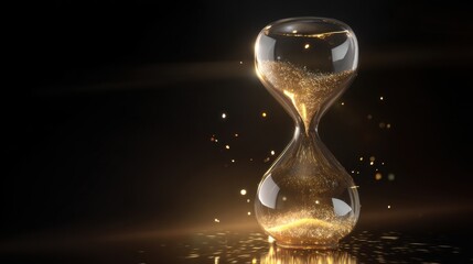 A close-up of a glass hourglass filled with shimmering golden sand. The background is dark, enhancing the hourglass's elegant design and the flowing sand.