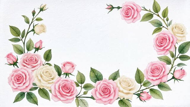 Elegant watercolor floral arrangement of pink and white roses on a white background