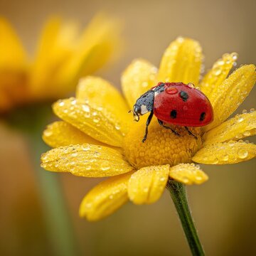 Colorful ladybug on a vibrant yellow flower after a morning rain in a serene garden setting